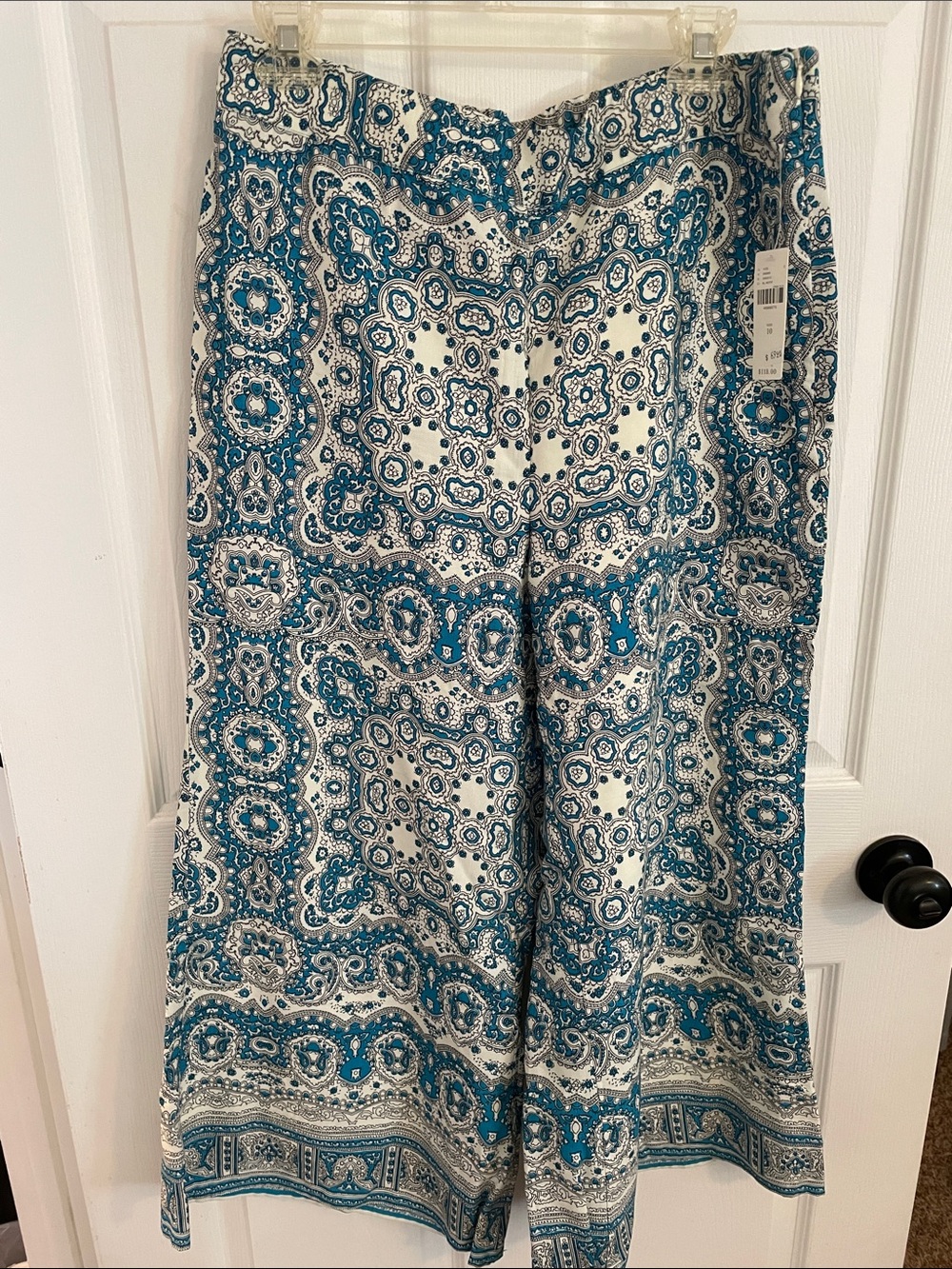 Anthropologie Teal & White Paisley-Print Wide-Leg Pants